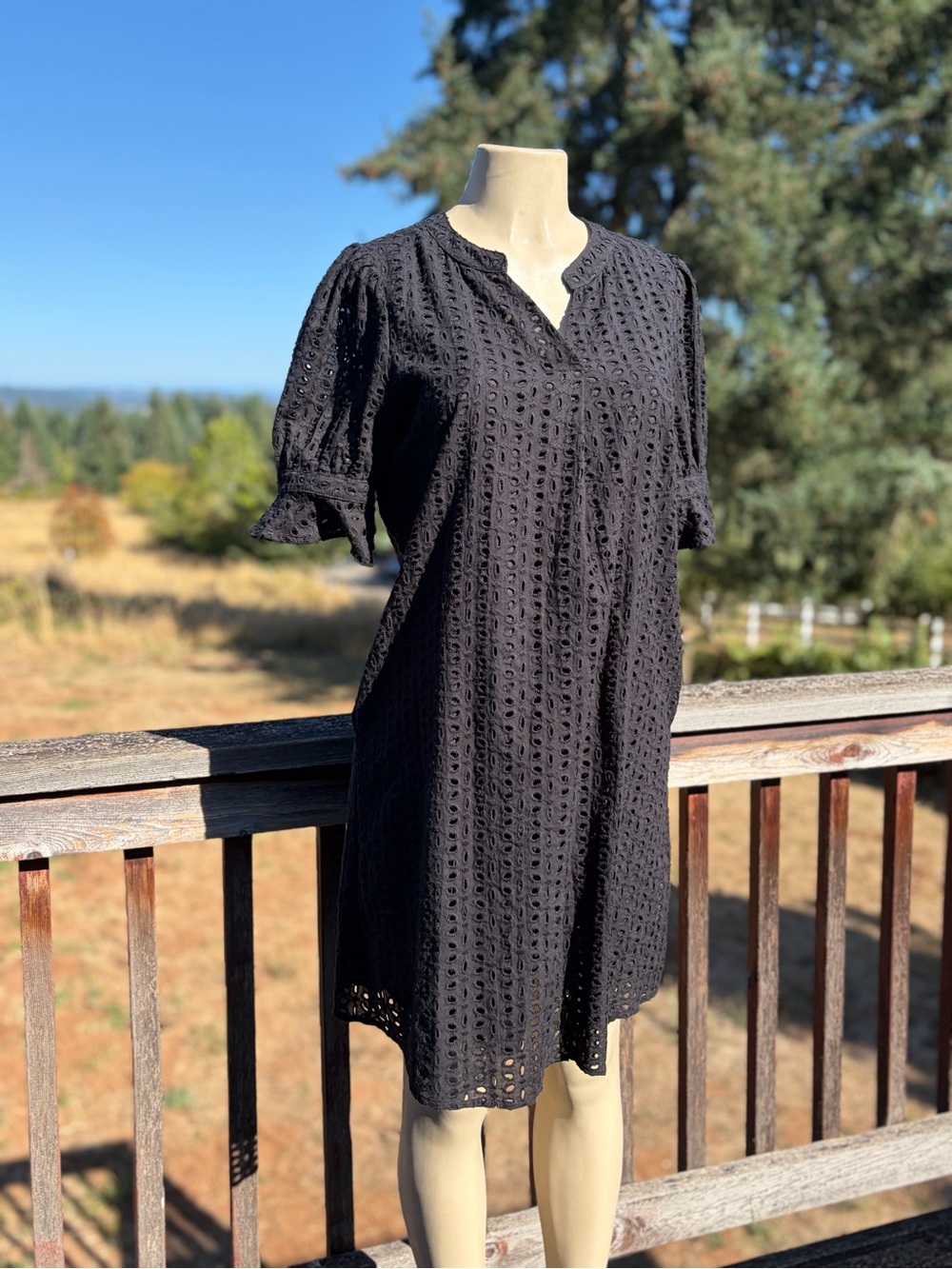 Merokeety Black Witchy Eyelet Mini Dress w/Ruffled Short Sleeves/Pockets Size M
